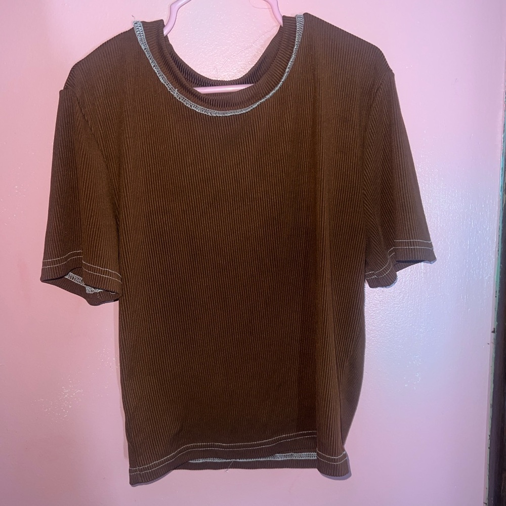 Brown Ribbed Short Sleeve Top